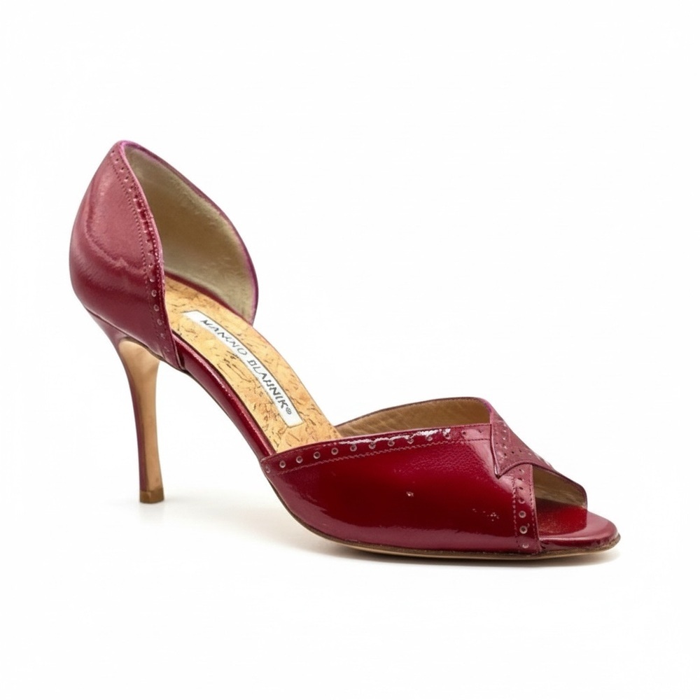 MANOLO BLAHNIK
Burgundy Patent Leather D'Orsay Peep Toe red heels - Picture 14 of 15